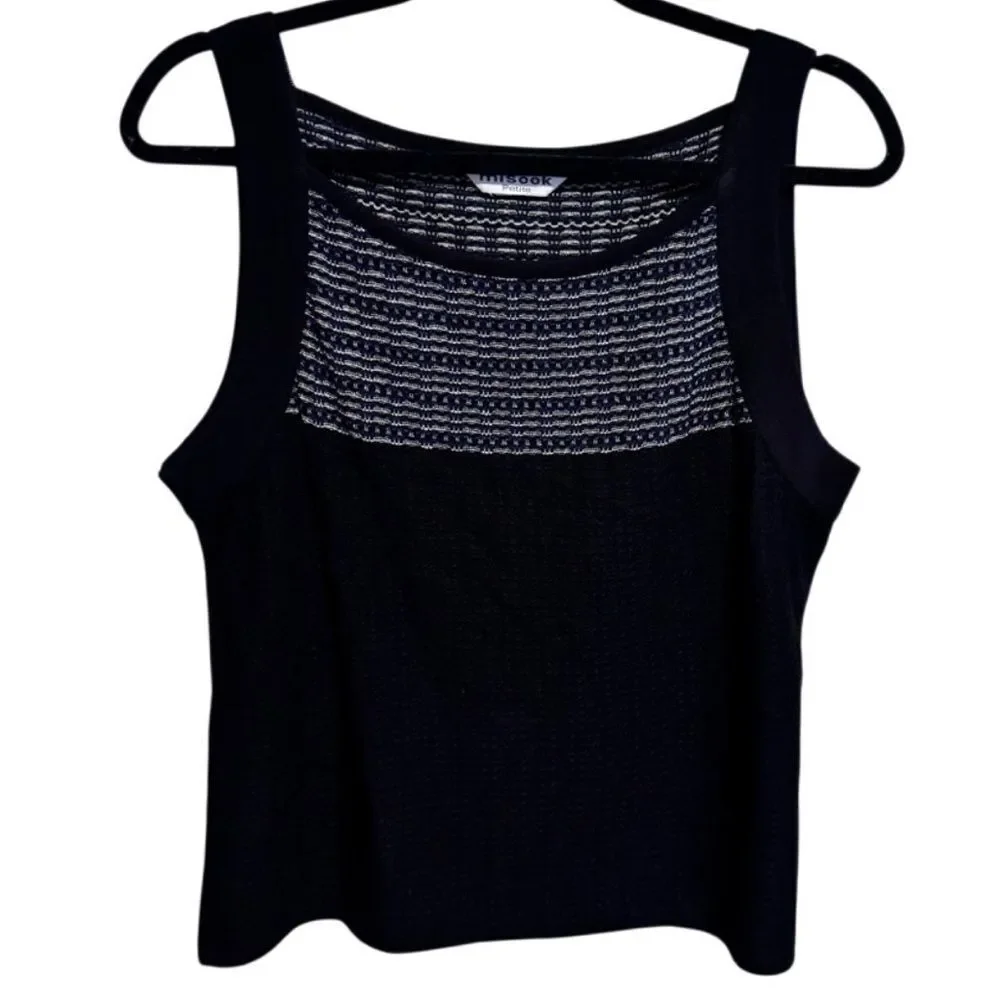 MISOOK- 2 Piece Matching Tank Sweater Set Black Blue Metallic, Size L Petite